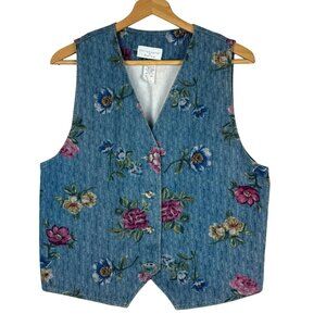 Christopher & Banks Floral Denim Vest Medium Vtg 90s USA Cotton Cottagecore